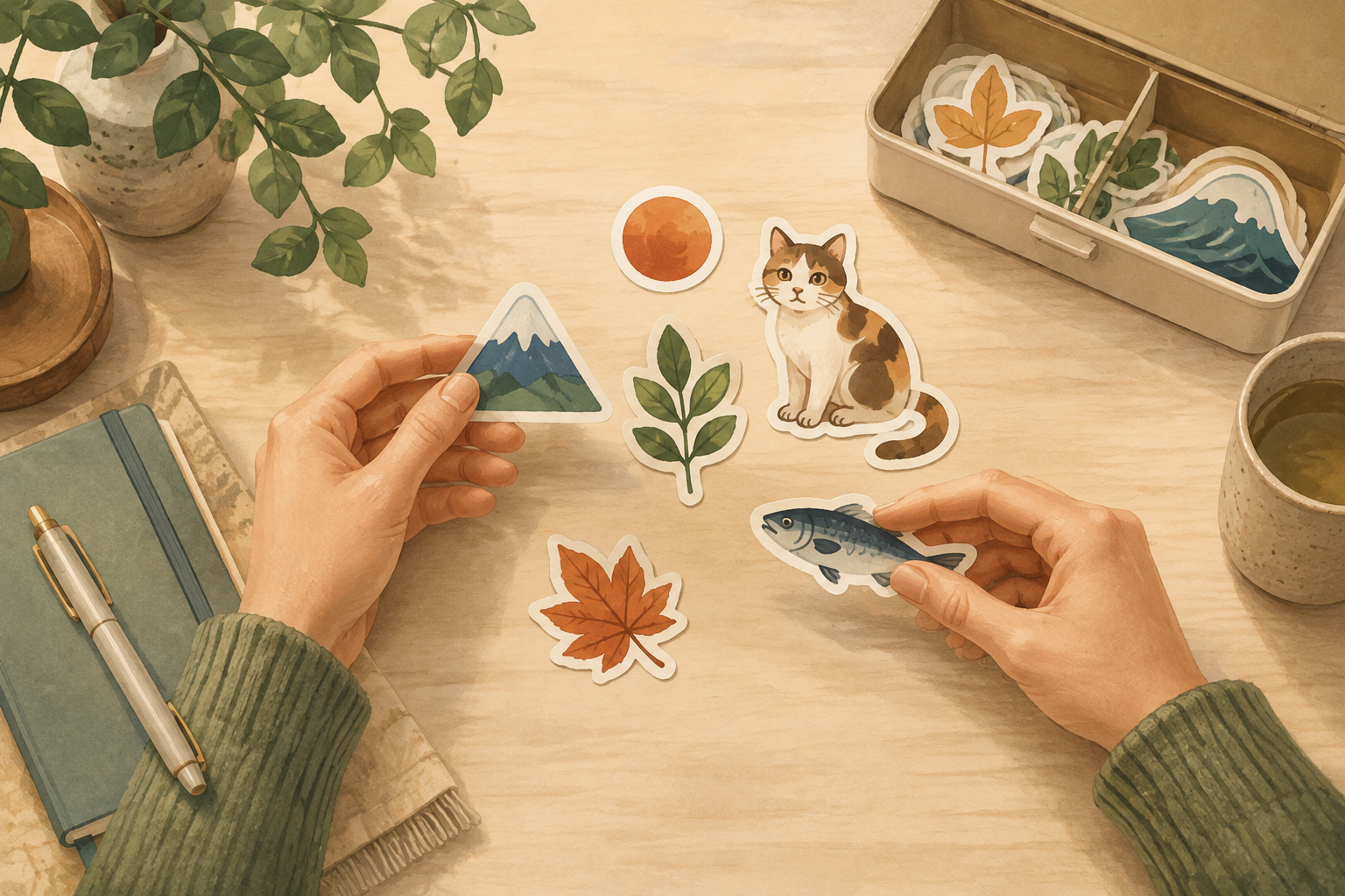 山や猫、魚のステッカーを机に並べて選ぶイメージイラスト