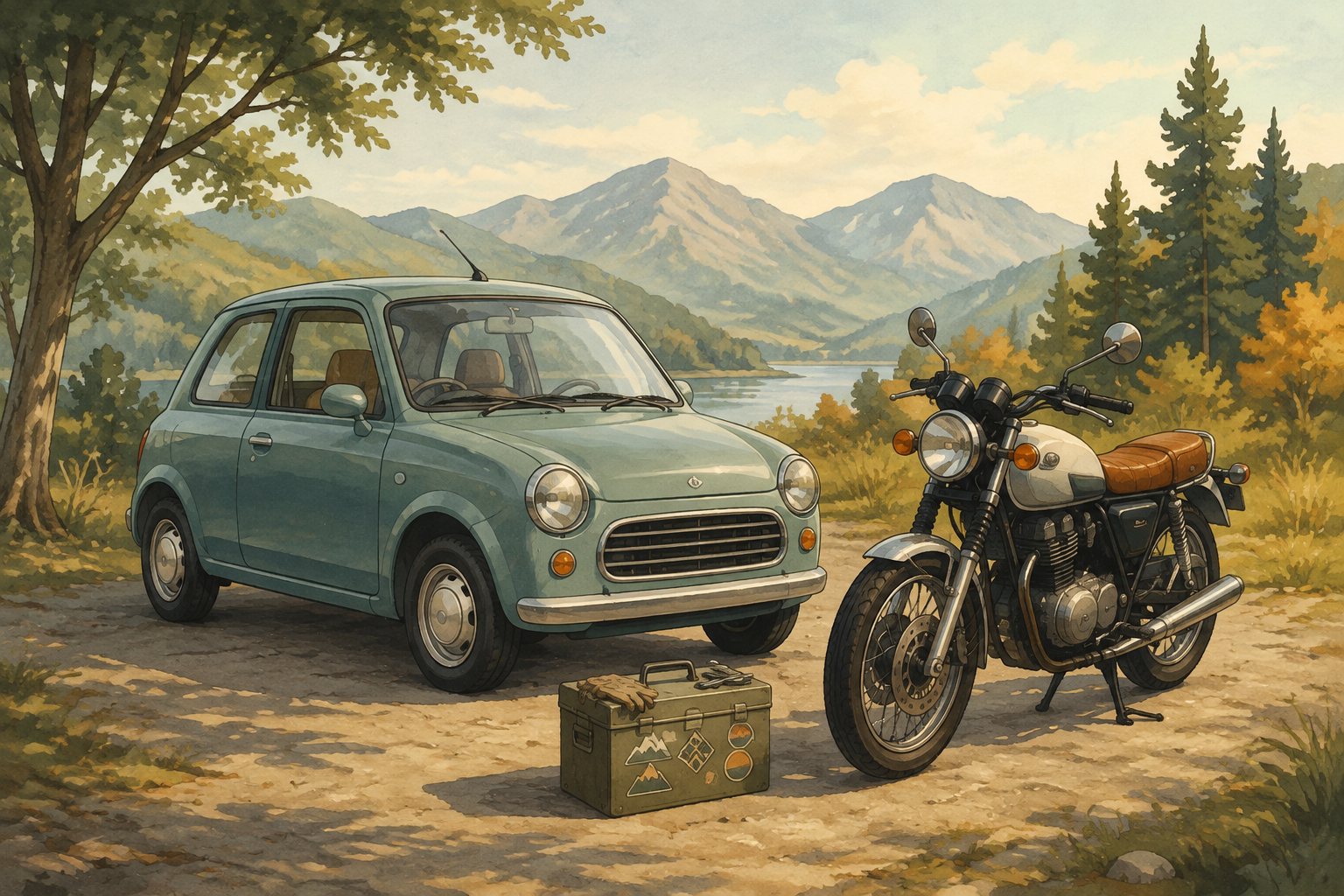 車とバイクのそばにステッカー付き工具箱を置いたイメージイラスト