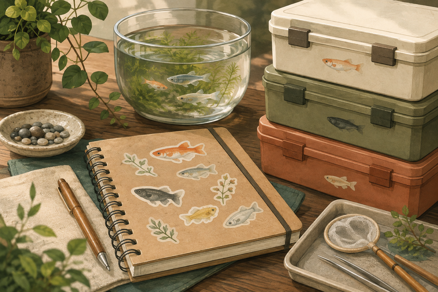 メダカの観察ノートと魚の目印を付けた道具ケースのイメージイラスト