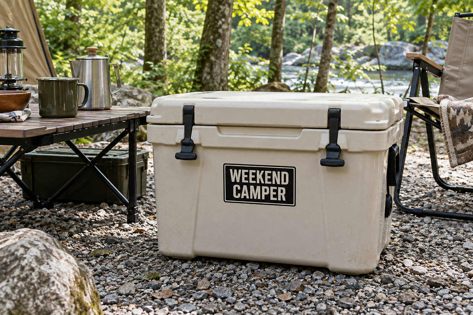 クーラーに貼ったWEEKEND CAMPERの文字入りステッカーの使用イメージ