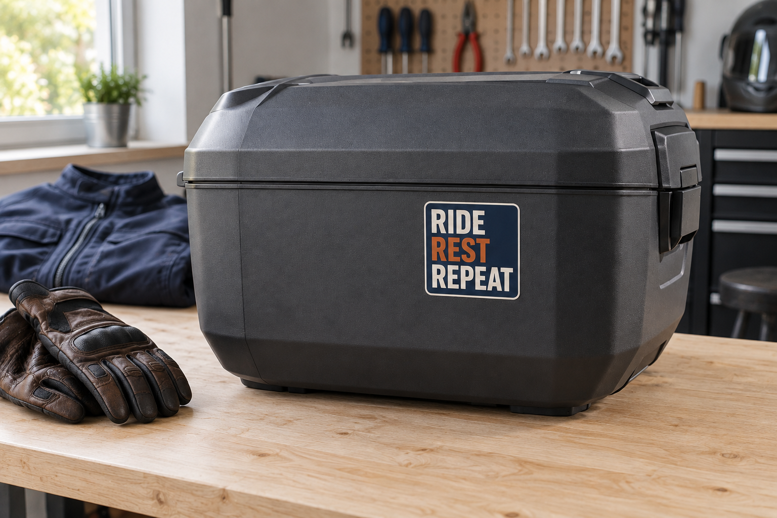 リアボックスの平らな面に余白を残して貼ったRIDE REST REPEATステッカー
