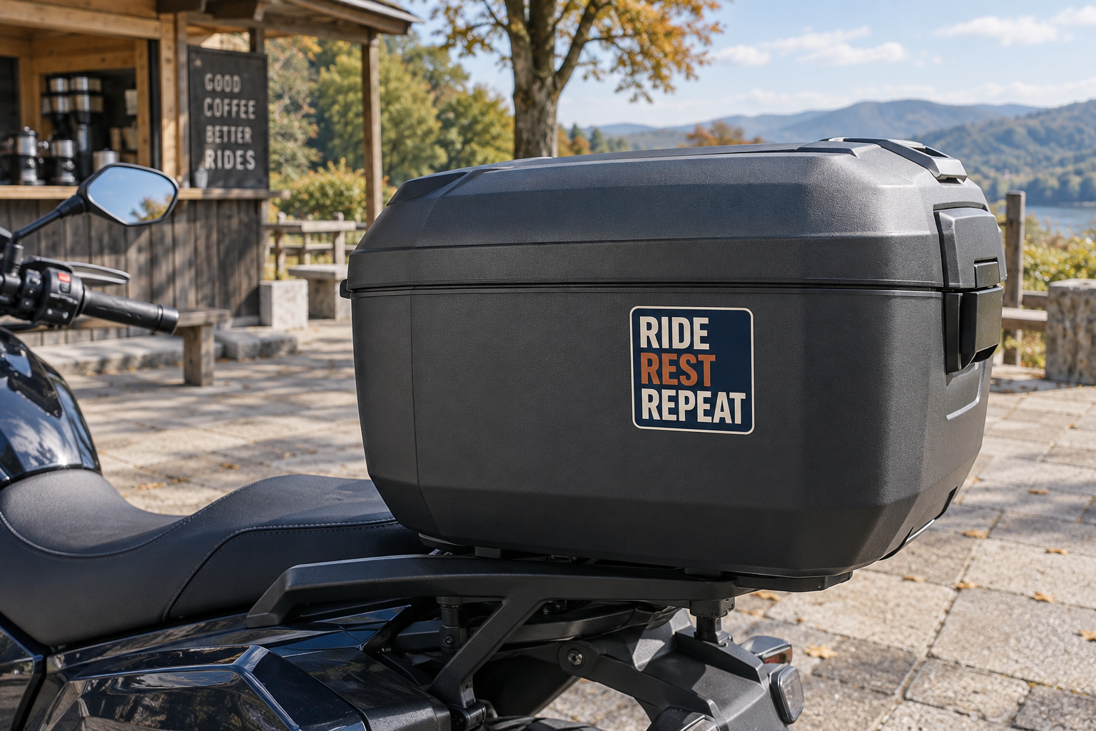 RIDE REST REPEATの文字入りステッカーを貼ったバイクのリアボックス