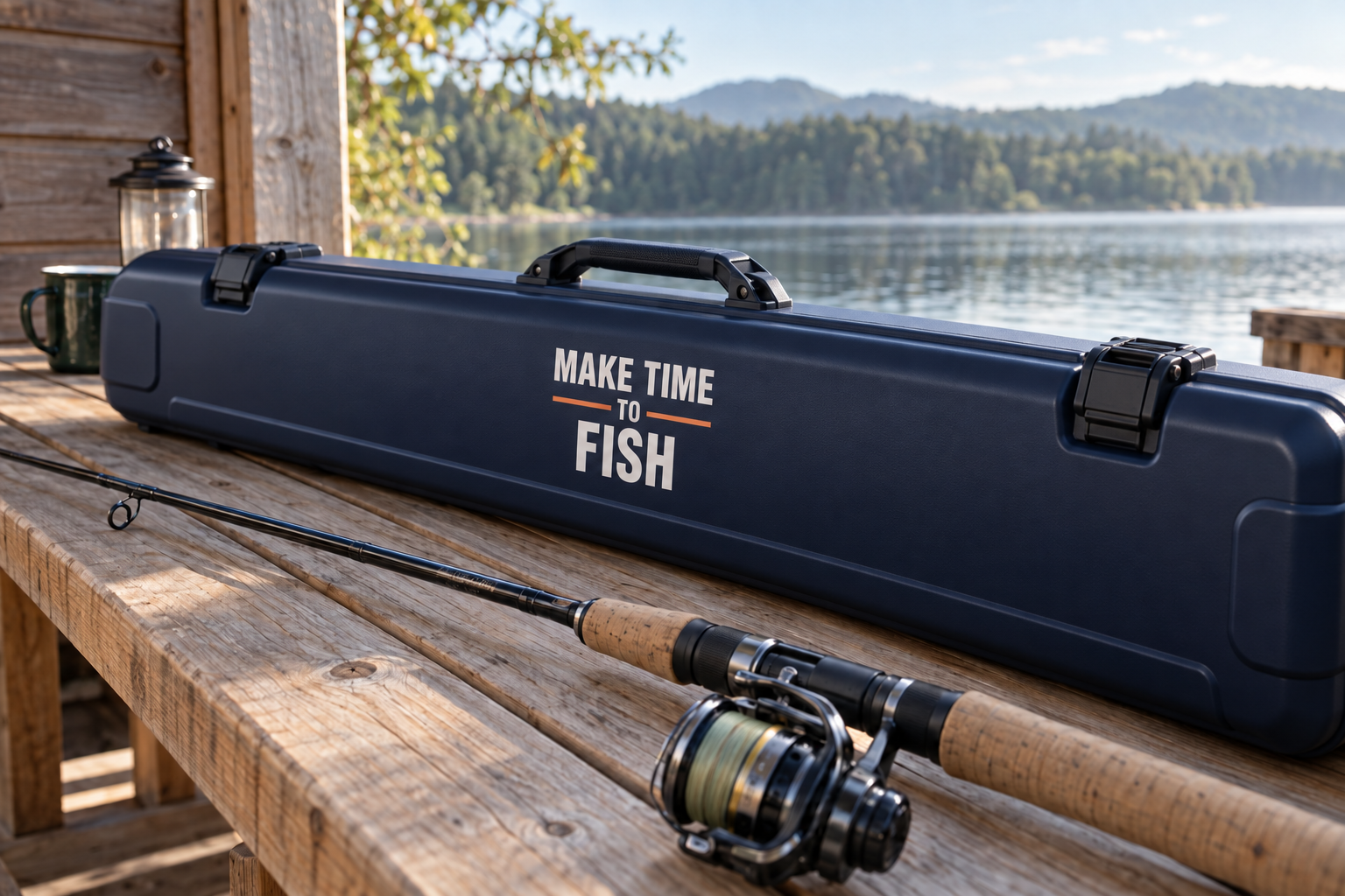 湖畔の硬い竿ケースにMAKE TIME TO FISHの文字を配した使用イメージ