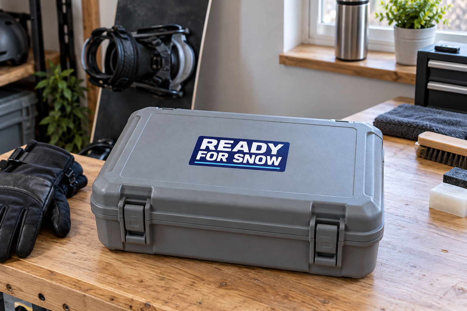 スノーボードの道具ケースにREADY FOR SNOWの文字を貼った使用イメージ