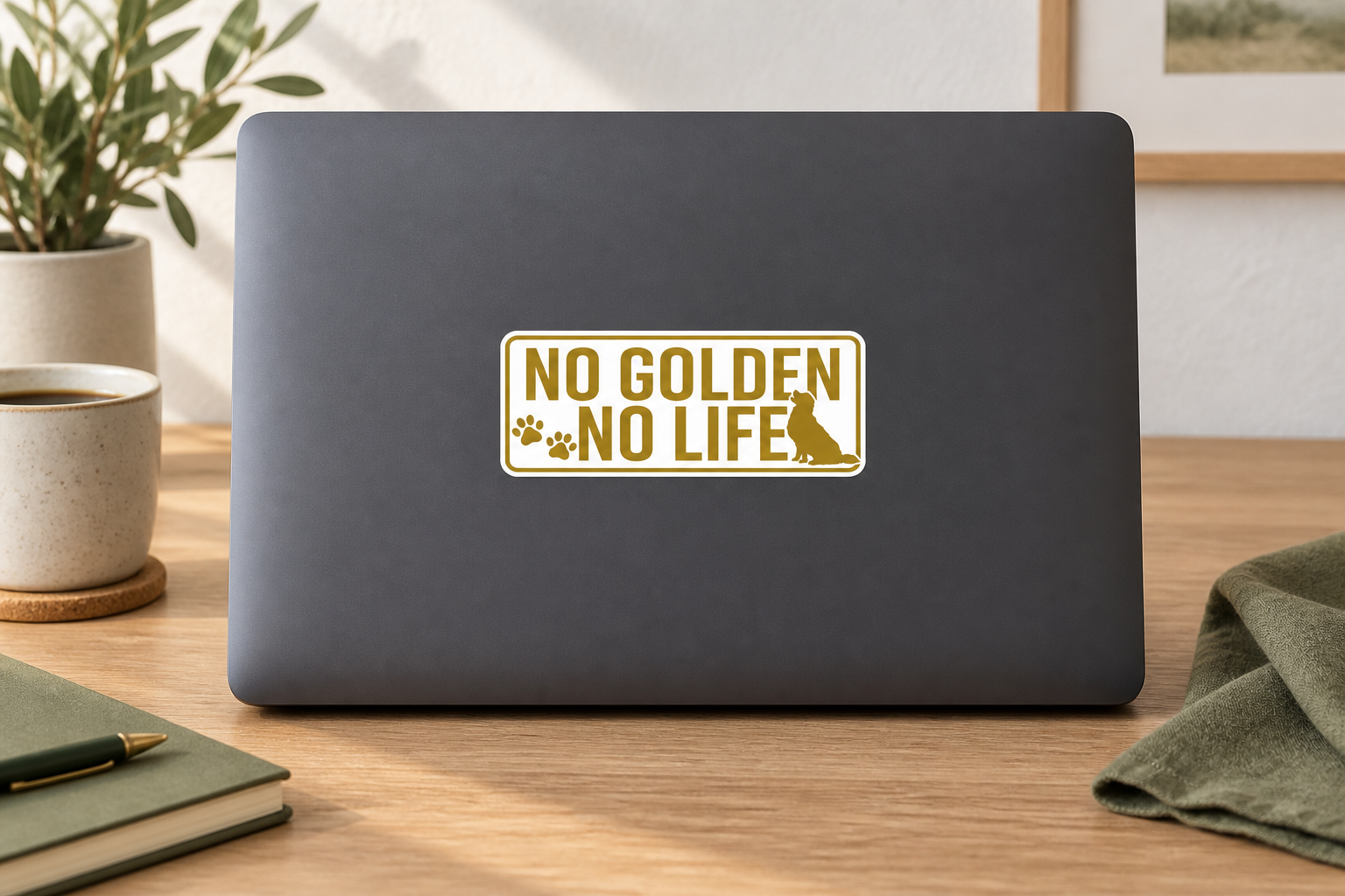 木の机に置いたパソコンに金色のNO GOLDEN NO LIFEステッカーを貼った使用イメージ