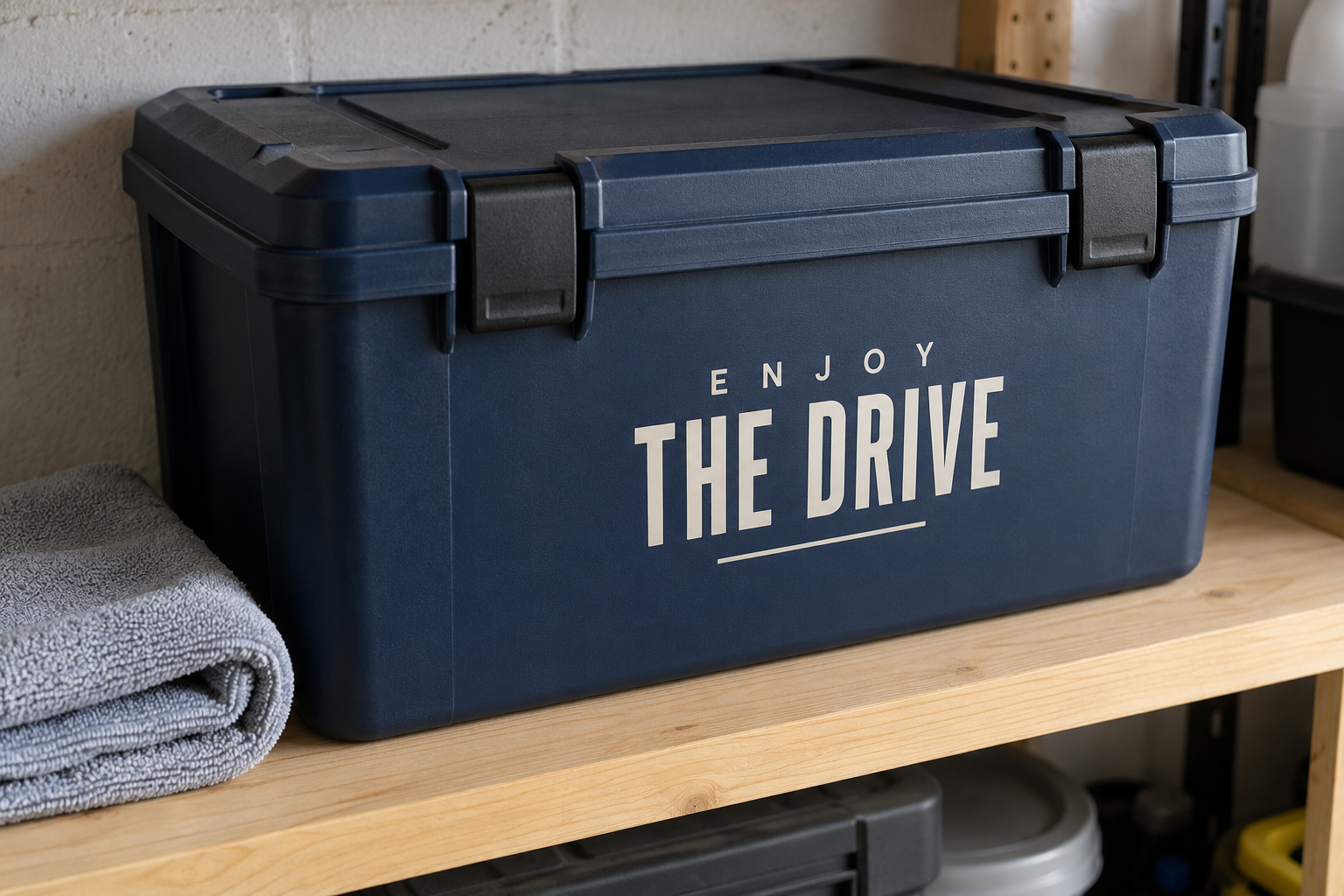 棚に置いた紺色の洗車用品箱と、余白を残して貼ったENJOY THE DRIVEの文字