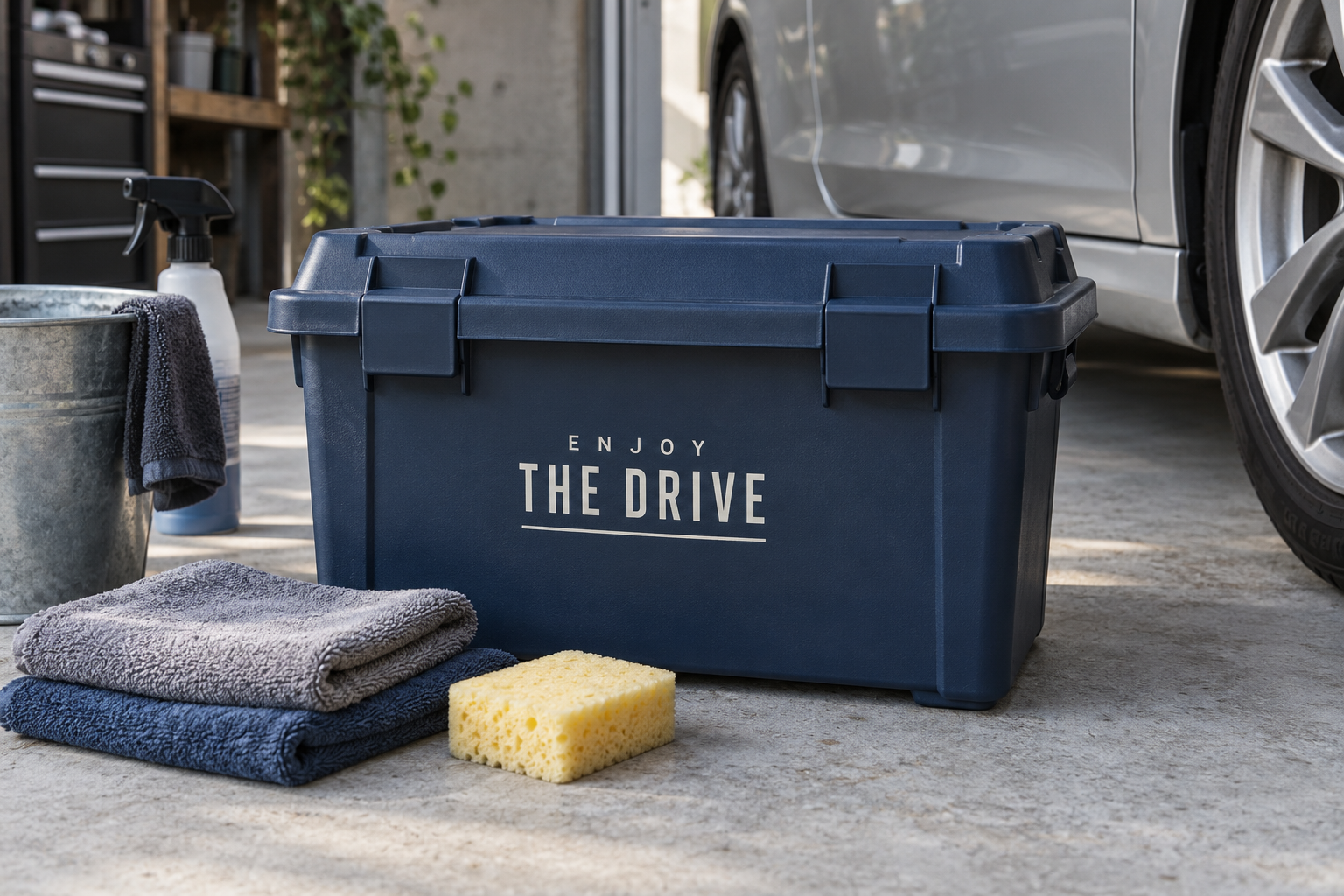 洗車後の車のそばに置いた、ENJOY THE DRIVEの文字入りステッカーを貼った紺色の道具箱