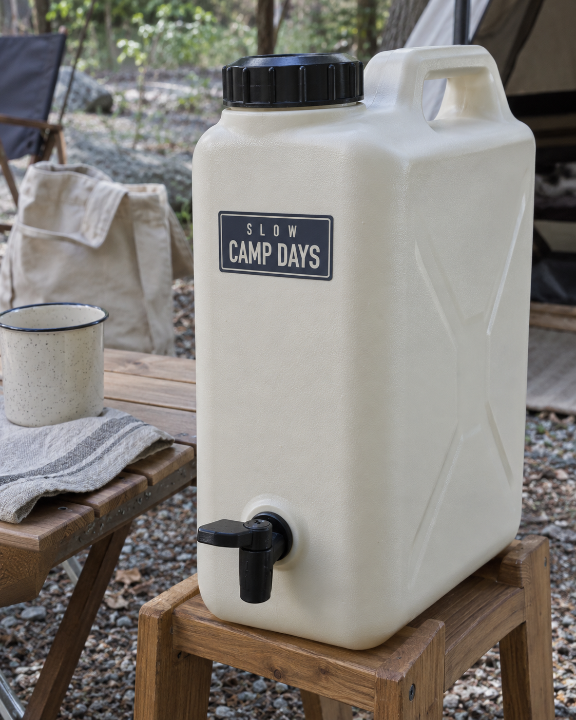 蛇口や取っ手を避け、ジャグの外面にSLOW CAMP DAYSの文字を置いた使用イメージ