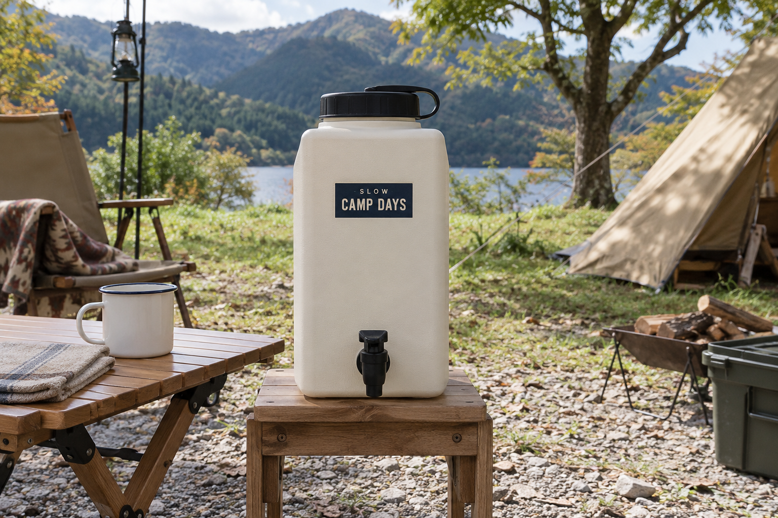 キャンプ場の白いジャグにSLOW CAMP DAYSの文字入りステッカーを添えた使用イメージ