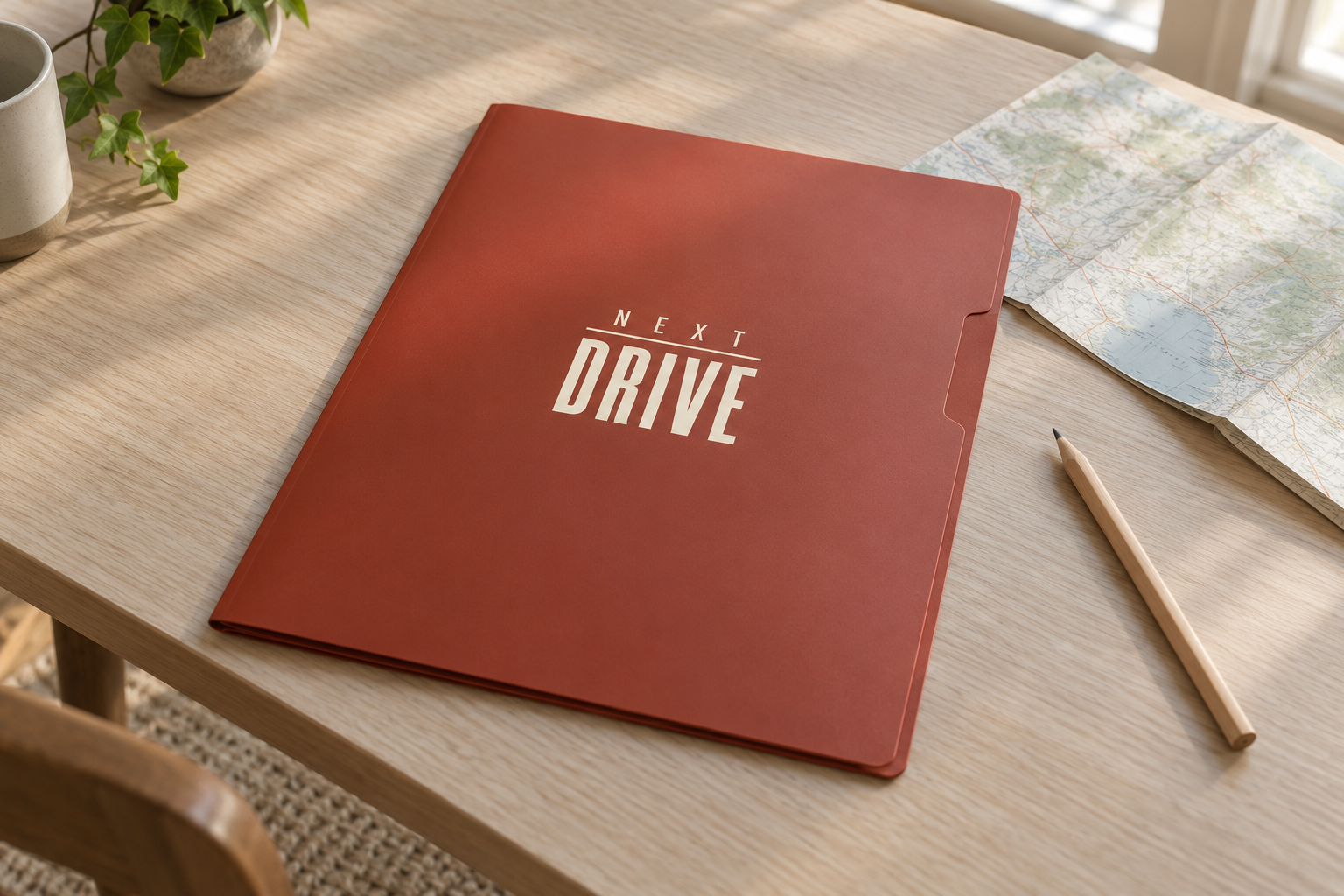赤茶色の資料ケースに生成り色のNEXT DRIVEの文字を添えた架空使用イメージ