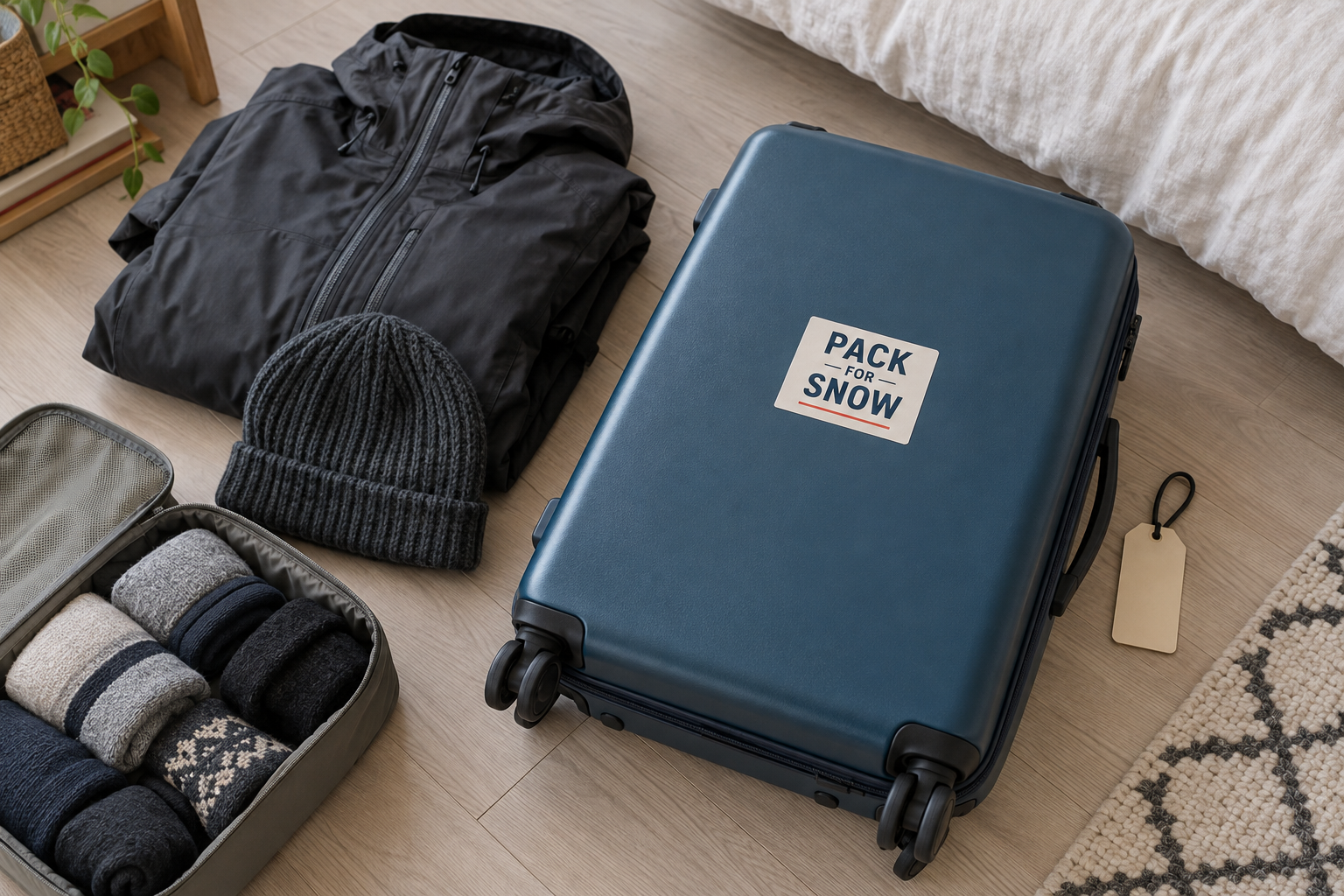 PACK FOR SNOWの文字入りステッカーを貼ったスーツケースと、場面ごとに分けた衣類