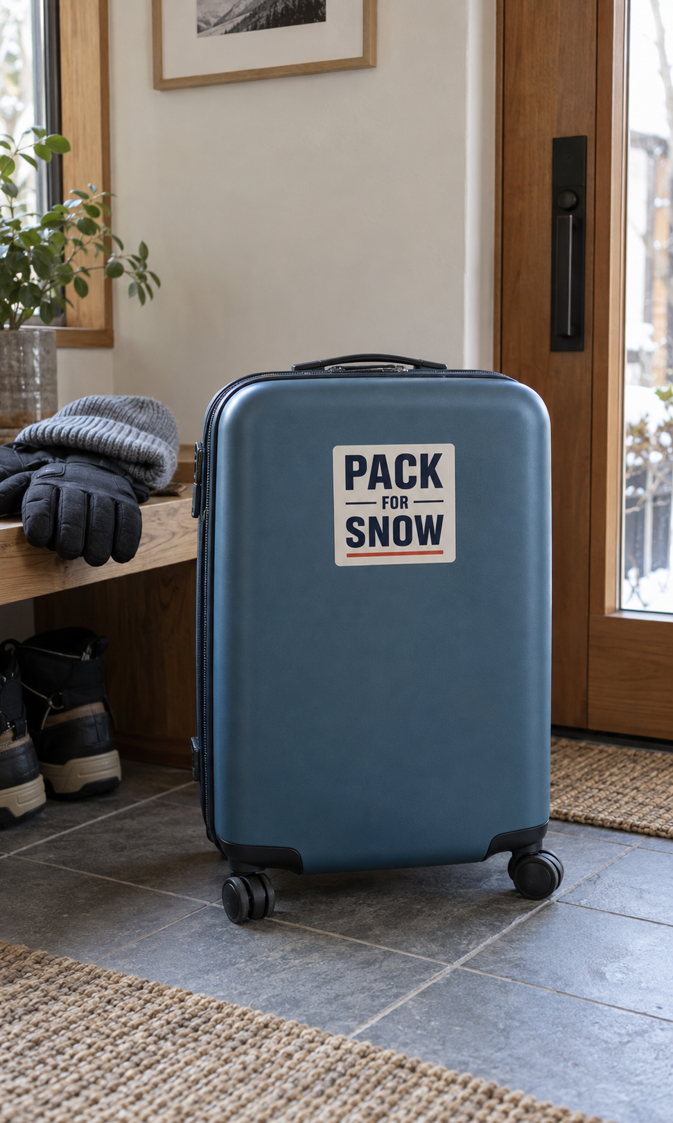PACK FOR SNOWの文字入りステッカーを貼ったスーツケースと雪の旅の持ち物
