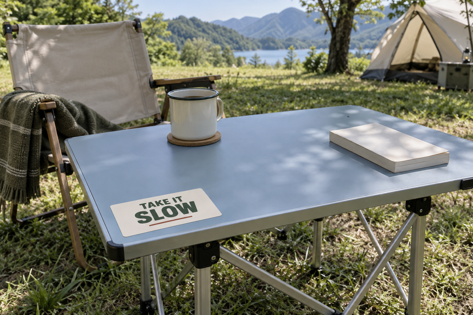 TAKE IT SLOWの文字入りステッカーを添えた青いキャンプテーブルとマグカップ