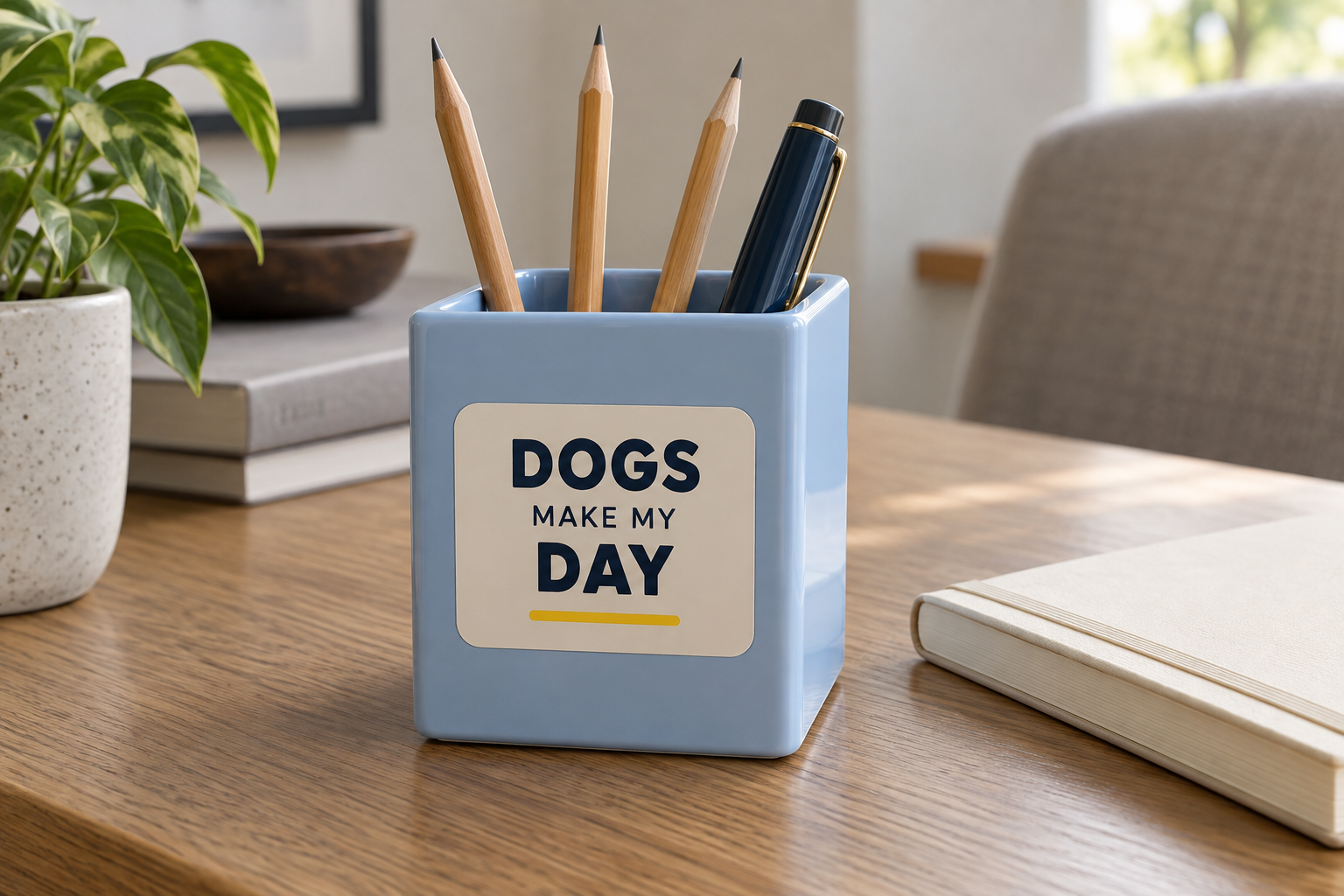 DOGS MAKE MY DAYの文字を貼った青いペンスタンド
