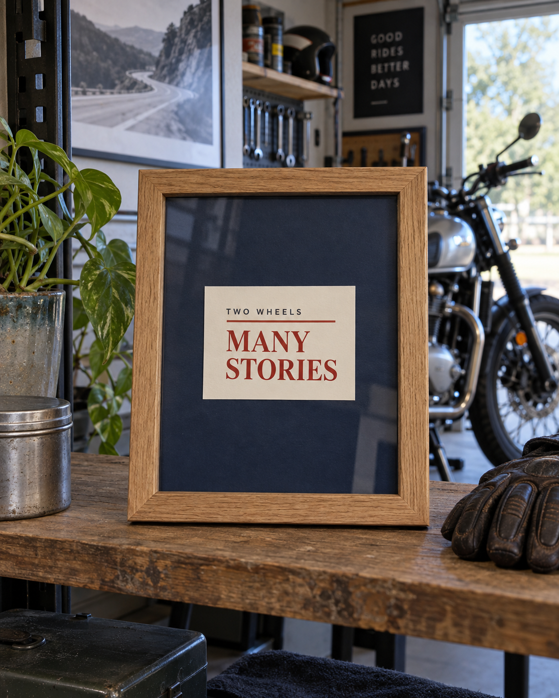 バイクのそばで額に収めたTWO WHEELS MANY STORIESの文字