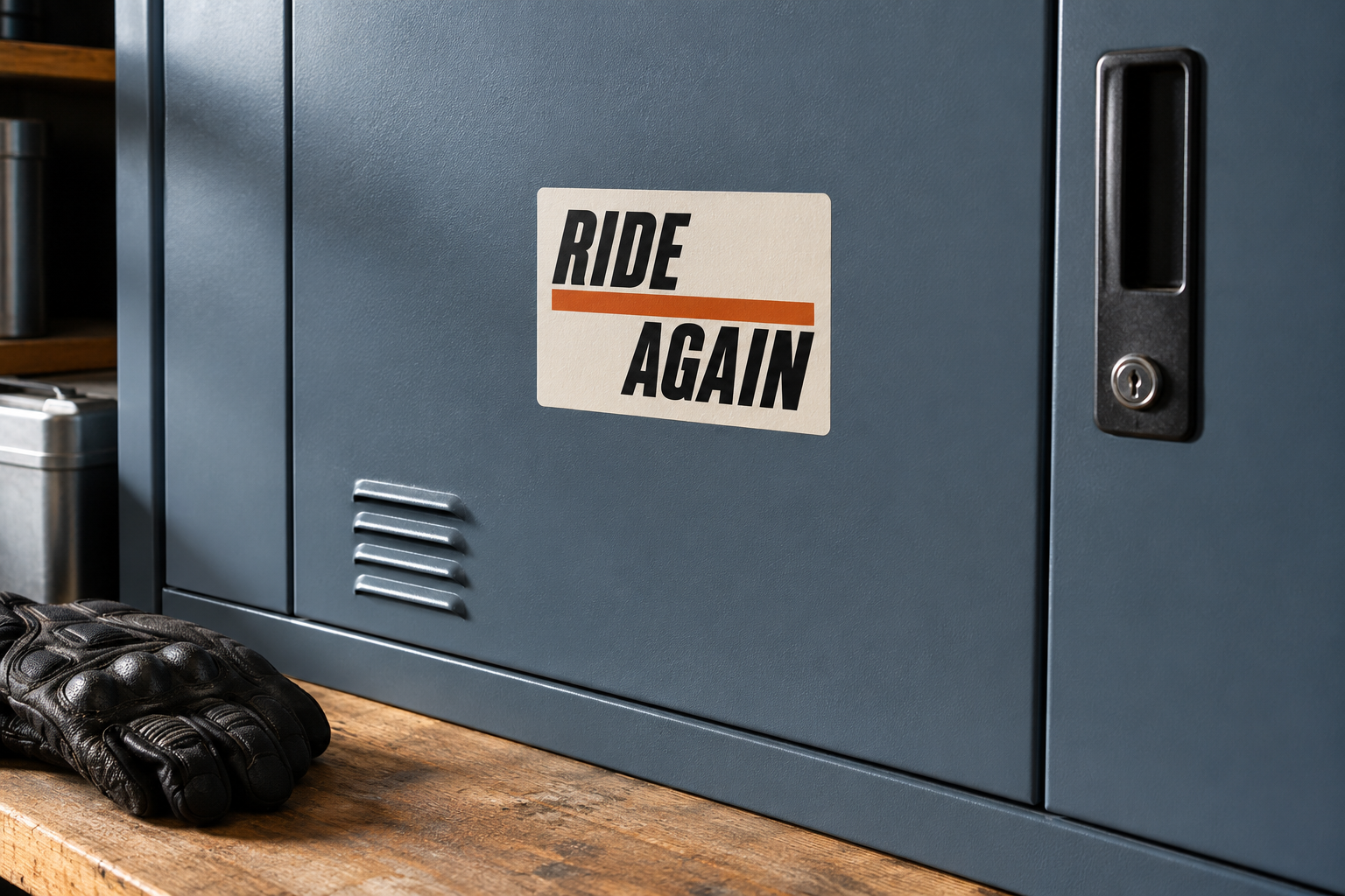 取っ手や通気口から離してRIDE AGAINの文字入りステッカーを貼った収納扉