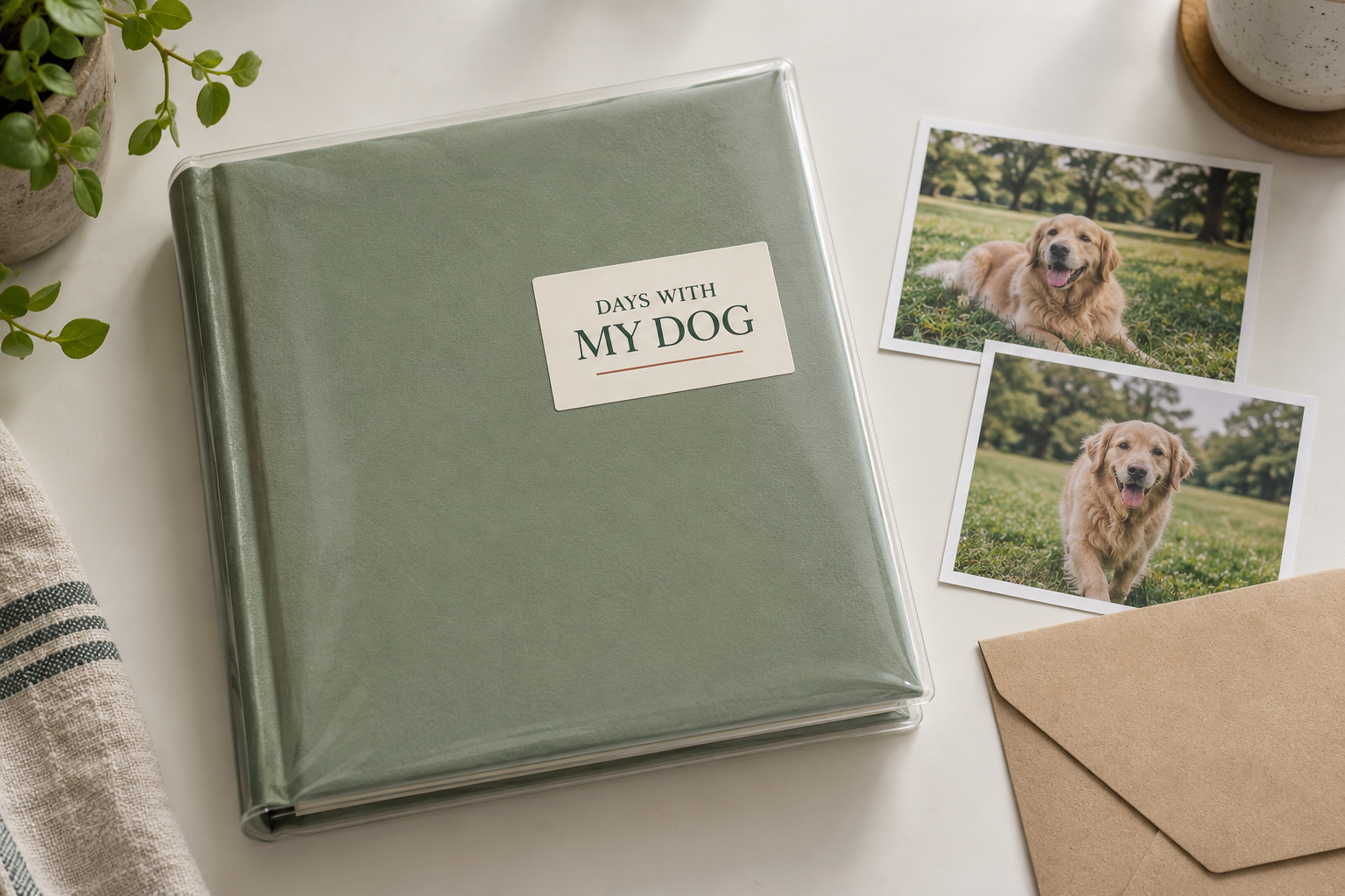 DAYS WITH MY DOGの文字入りステッカーを貼った透明カバー付きアルバムと犬の写真