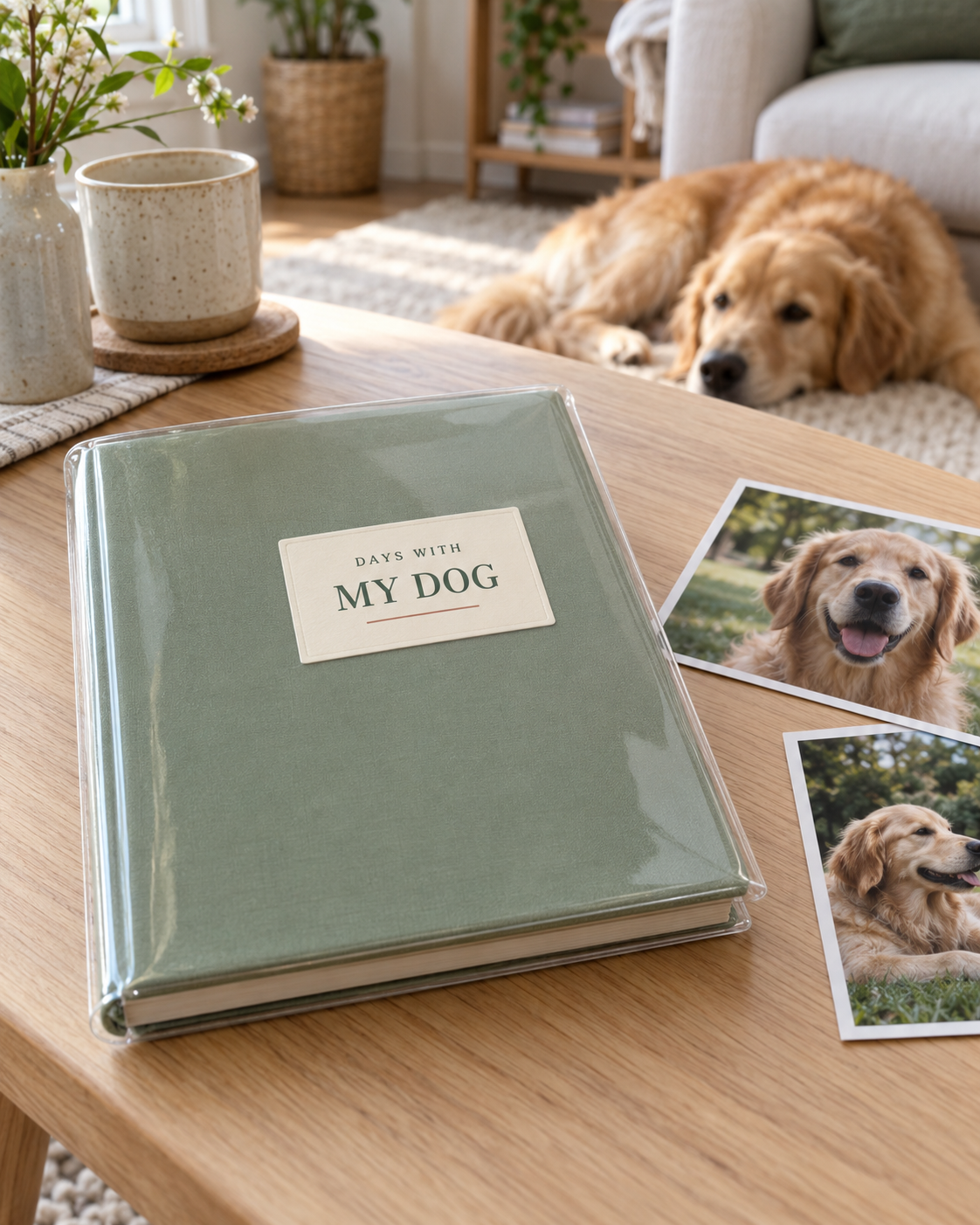 愛犬の写真と、DAYS WITH MY DOGの文字入りステッカーを貼った緑のアルバム