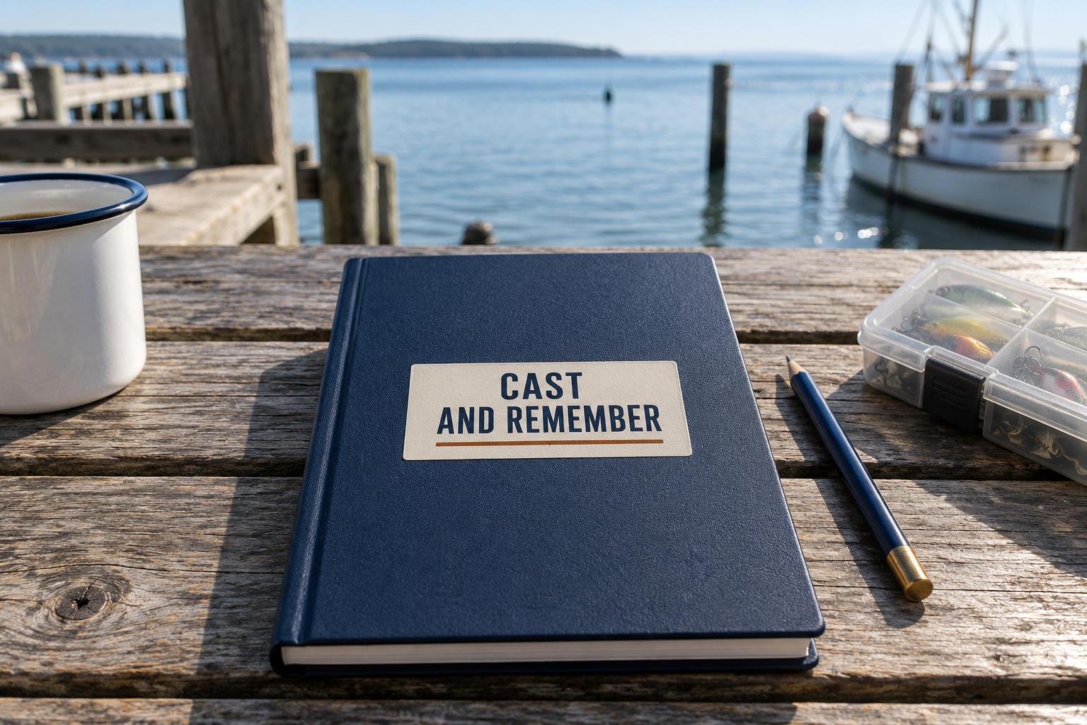 港のテーブルに置いた、CAST AND REMEMBERの文字入りステッカーを貼った紺色ノート